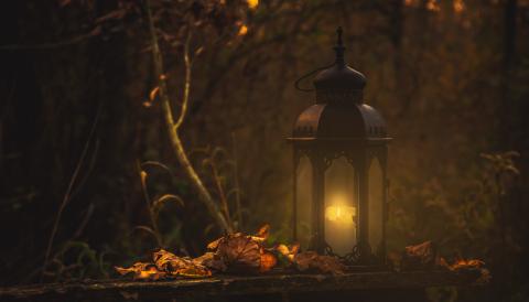 A lantern glowing in the darkness