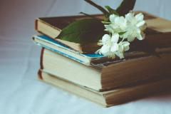 A stack of old books with flowers on top