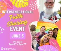 Banner with Event Name and Elderly gay Man with flowers and group of young queer kids
